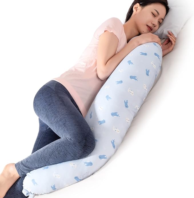 BYRIVER Firm C Shaped Body Pillow for Side Sleeping Women Men, Cooling Pregnancy Pillows for Sleeping, Washable Jersey Cotton Cover, Gifts for New Mom Women (Baby Shark)