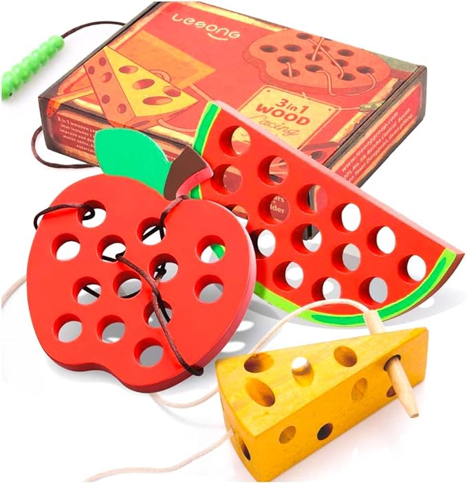 Lacing Toy for Toddlers, Fine Motor Skill Toys for 3 Year Old, Educational Learning Montessori Activity for Baby Kids, Car Plane Travel Games, Wooden Threading Toys 1 Apple,1 Watermelon, 1 Cheese.
