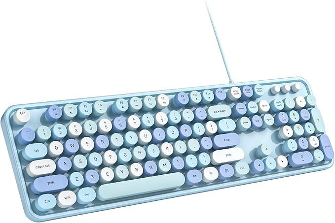 Computer Keyboard Wired, Plug Play USB Retro Round Typewriter Keyboard, Full Size Wired Keyboard with Foldable Stands for Laptop and Office PC - Blue Colorful
