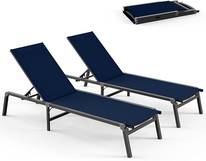 Pool Lounge Chairs Set of 2, Foldable Aluminum Chaise Lounge Outdoor with 5 Positions Recliner - Free Assembly - Patio Chaise Lounge Chair for Poolside, Beach, Yard (Navyblue, 2 Pack)
