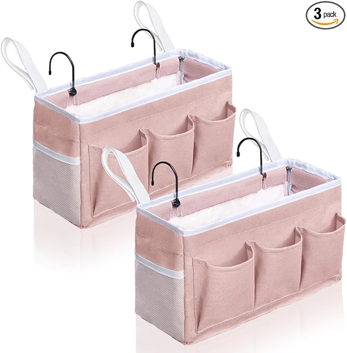 Kanrichu 2Pcs Beside Caddy Storage Organizer, Hanging Bag Holder with Pockets for Bedroom, Loft Bed Tent, Bed Curtain, Top Bunk bed Shelf Accessories Bedside Caddy 3-pocket (Pink-2pcs)