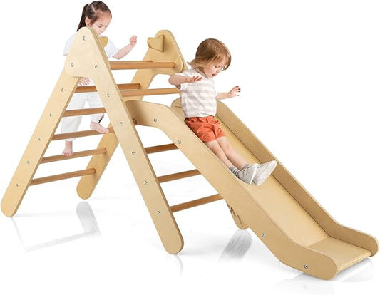 HONEY JOY Triangle Climber with Ramp, Kids Climbing Triangle Ladder for Daycare, Gym & Playground, Wooden Montessori Climbing Toys for Toddlers, Gift for Boys Girls