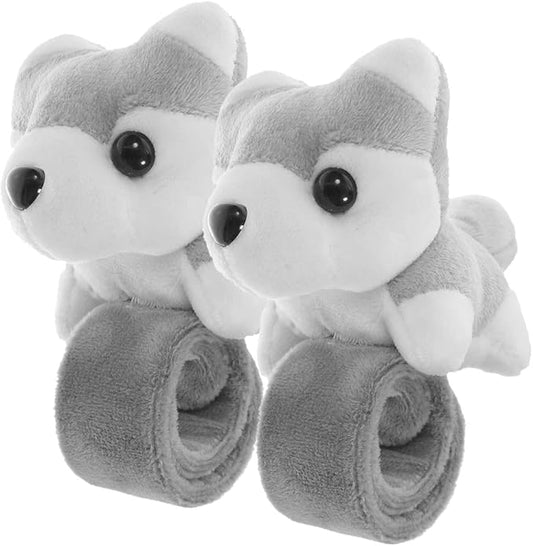 LOGOFUN 2Pcs Plush Dog Slap Bracelet Puppy Stuffed Animal Hug Slap Bracelet Birthday Party Favor (Grey)