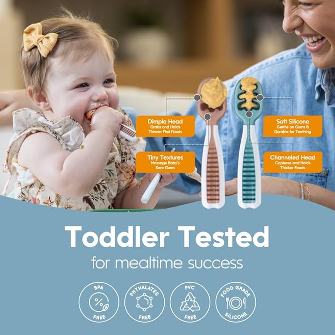NumNum Baby Spoons Set, Feeding Littles x Silicone Pre-Spoon GOOtensils for Kids Aged 6+ Months - First Stage, Baby Led Weaning (BLW), Teething Spoon - Toddler Utensils - 3 Spoons, Neutrals