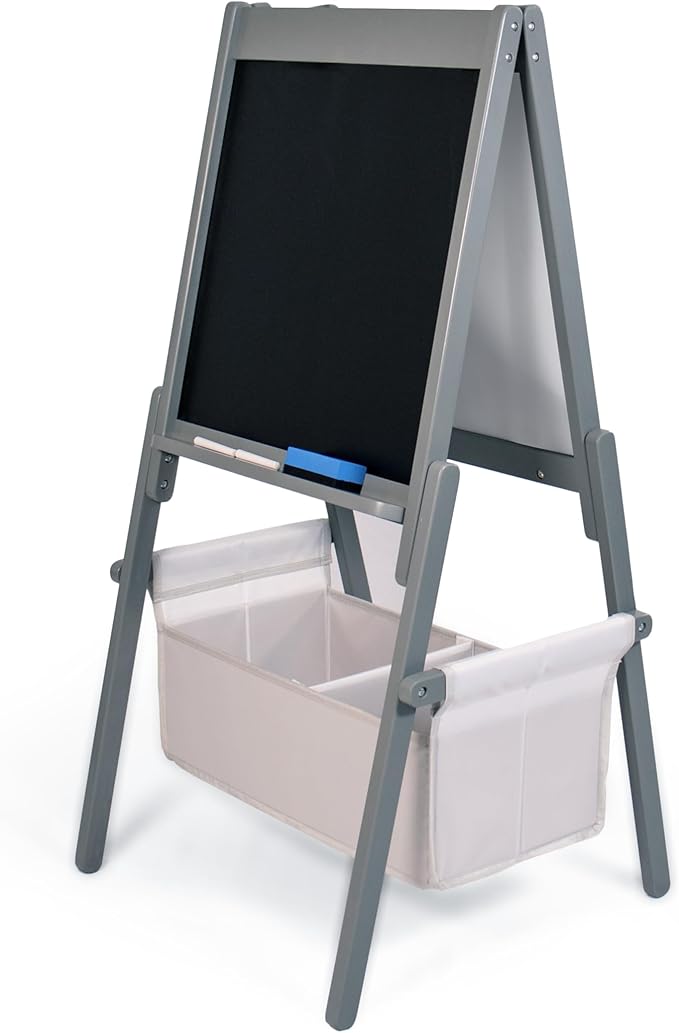 Humble Crew Inspire Kids Chalkboard and Dry Erase Easel with Storage Bins, 1 Paper Roll, 2pc Chalk, and Eraser, Grey