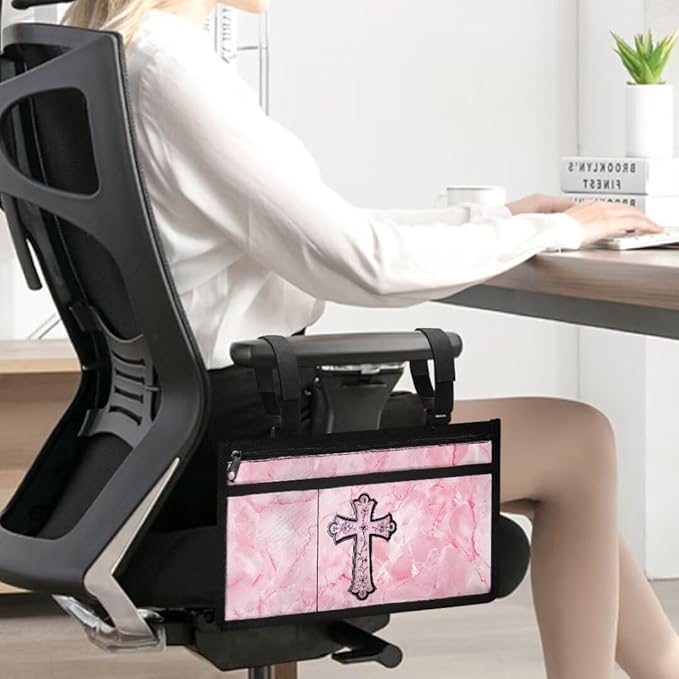 ZOUTAIRONG Pink Cross Wheelchair Side Bag Walker Pouch Bag with Cup Holder,Wheelchair Bags to Hang on Side for Walker, Rollator, Electric Scooter Wheelchairs, Ideal Gift for Seniors