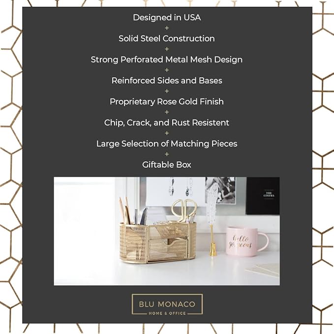 BLU MONACO | Gold Desk Organizer Set with Drawer | Metal Mesh Desk Accessories for Women | Stylish Desktop Organizer for Office Storage, Supplies & Small Stationery