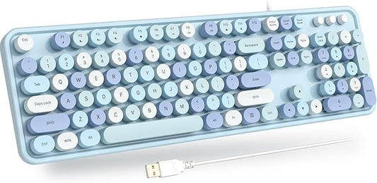 USB Wired Computer Keyboard - Retro Typewriter Keyboard - Full Size Office Keyboard with Number Pad, Caps Indicators, Foldable Stands, for PC Laptop Desktop Windows (Blue Colorful)