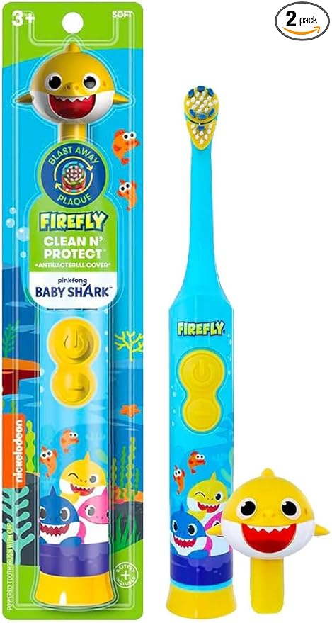 Firefly Clean N' Protect, Baby Shark Toothbrush with 3D Character Cover, Soft Bristles, Anti-Slip Grip Handle, Battery Included, Ages 3+, 1 Count