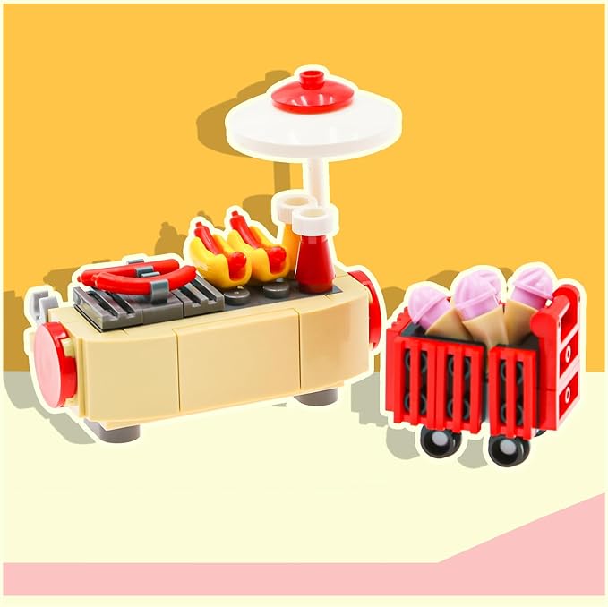 190 Pcs Supermarket Building Block Set Compatible with City-Food, Restaurant-Kitchen Kit with Hotdog-Stall-Ice-Cream-Turkey-Banana Handcart Fish Crab