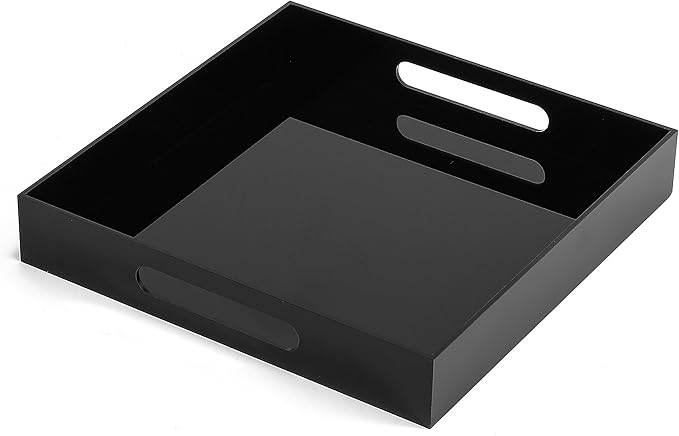 BEYLANG Glossy Black Sturdy Acrylic Serving Tray with Handles-12x12 Inch-Serving Coffee,Appetizer,Breakfast,Butler-Kitchen Countertop Tray-Makeup Drawer Organizer-Vanity Table,Ottoman Tray-Decorative