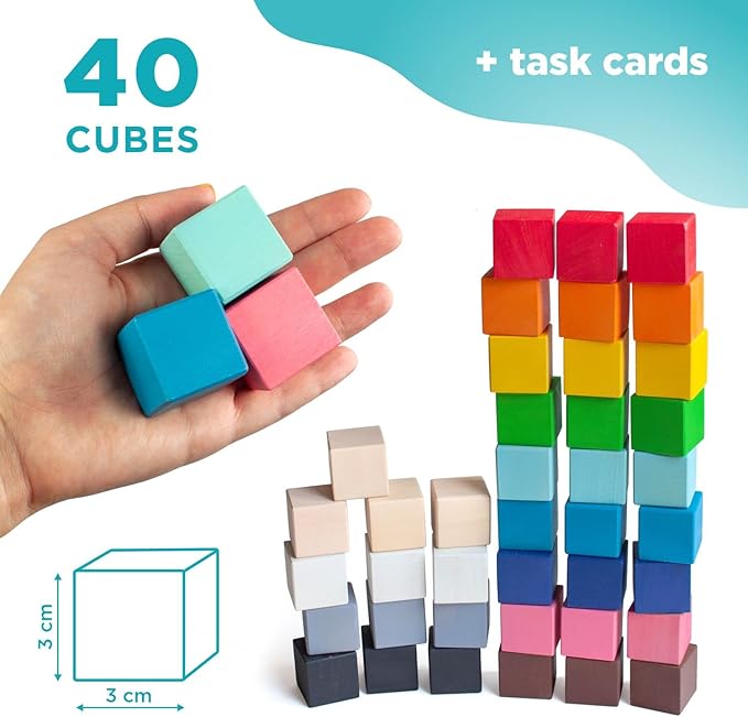 Ulanik Small Colored Cubes Toddler Montessori Toys for 3 Year Old + Kids Wooden Building Blocks Game for Learning Color Sorting and Counting — 40 pcs, 1.2 in
