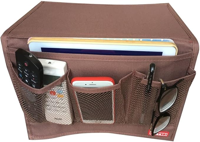 Bedside Storage Organizer with Pockets, Bedside Organizer Caddy for Remote Control, Table Cabinet, Phones, Magazines, Tablets, Accessories, Brown
