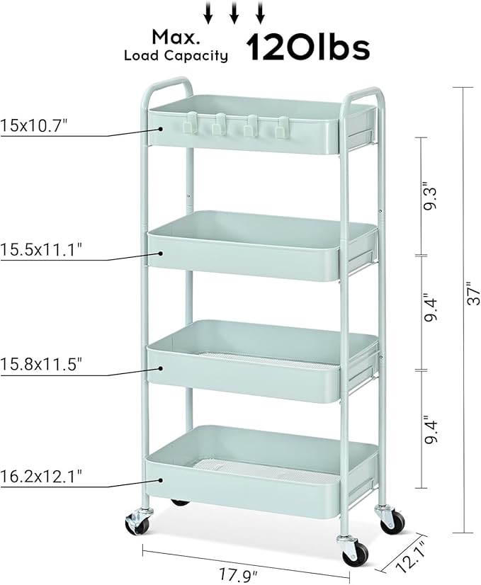 TOOLF 4-Tier Metal Rolling Cart with Wheels, Storage Utility Organizer Cart for Kitchen, Bathroom, Office, Baby Essentials & Makeup - Lockable Casters, Easy Assembly, Large Capacity, Green