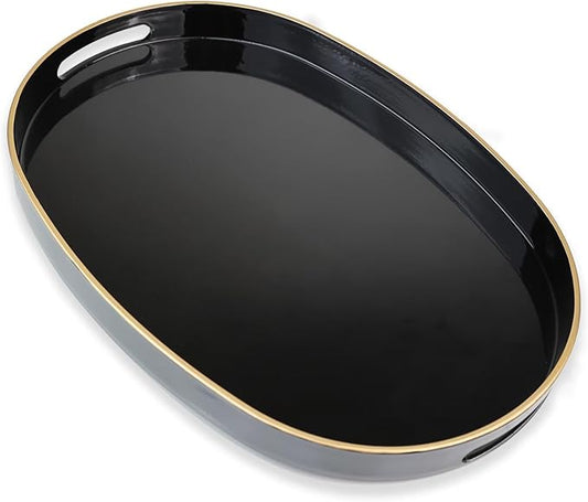 Omuriko Black Oval Decorative Tray with Handles, Versatile Serving Tray for Coffee Table, Ottoman, Ideal for Serving, Displaying, Organizing