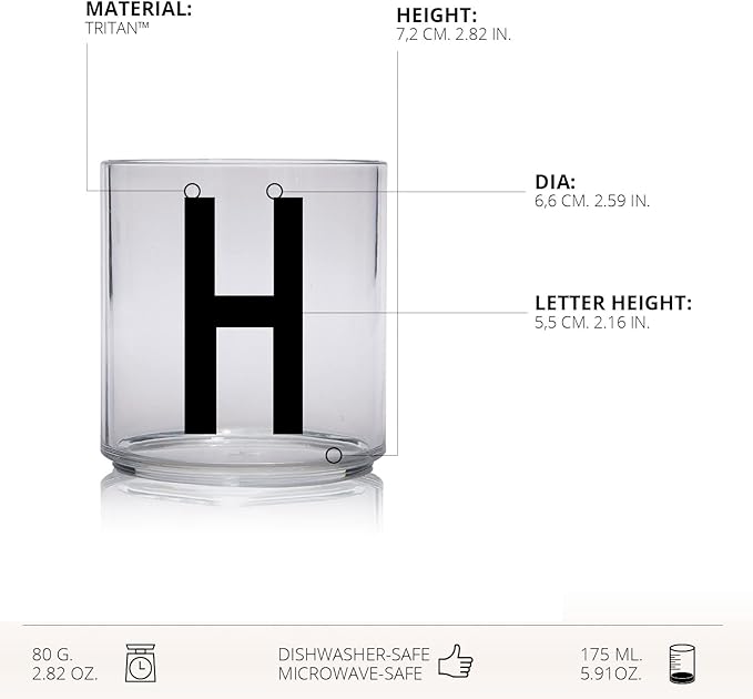 Design Letters Tritan Dinnerware Cups for Kids A-Z 6 Oz| Kids Glass Designed in Denmark for Baby Feeding | Toddler Cup for Drinking | Unbreakable Tableware for Baby|Stackable Tumbler Cup BPA/BPS Free