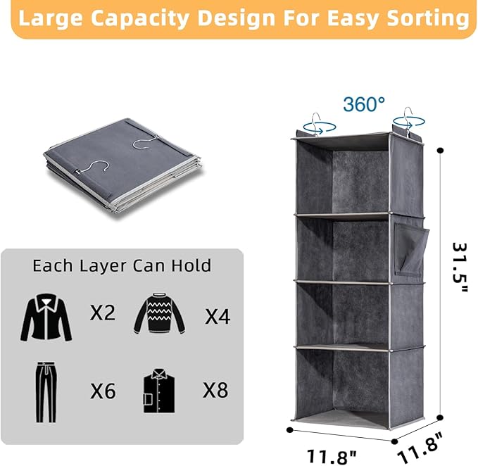 4-Shelf Hanging Closet Organizer and Storage, Collapsible Hanging Shelves for Closet with 2 Side Pockets, Hanging Shoe Organizer to Saving Space,Grey