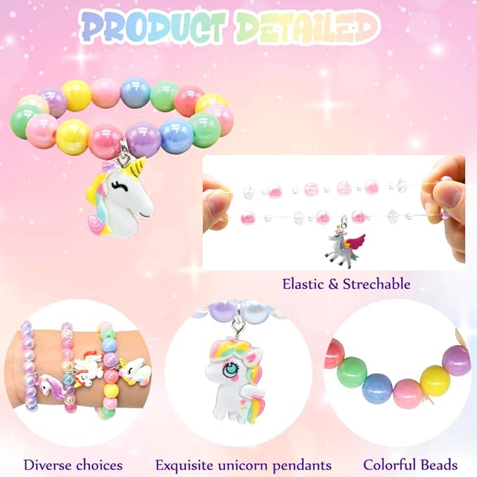 28PCS Valentines Day Gift Cards with Rainbow Unicorn Beaded Bracelets, Colorful Unicorn Beads Bracelet Toys for Valentine's Party Favors