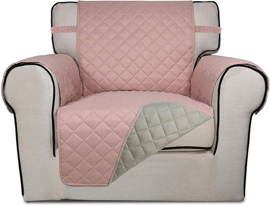 PureFit Reversible Quilted Sofa Cover, Water Resistant Slipcover Furniture Protector, Washable Couch Cover with Non Slip Foam and Elastic Straps for Kids, Dogs, Pets (Small, Pink/Beige)