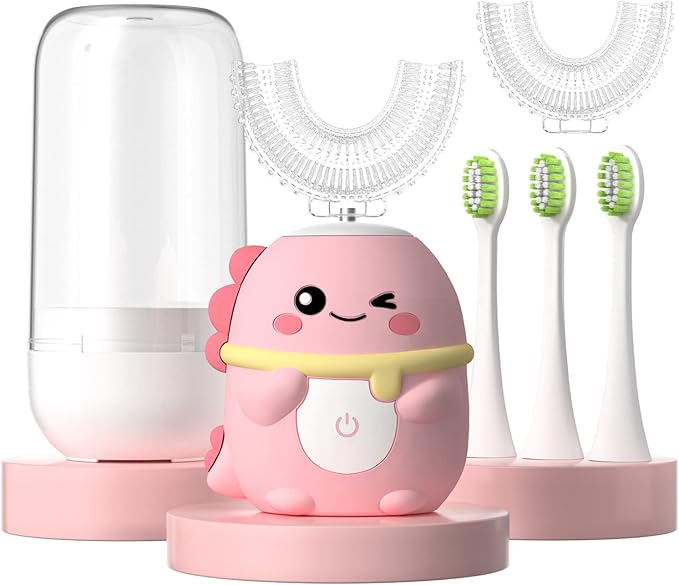 Kids Electric Toothbrush U Shaped Toddler Auto Sonic Toothbrushes with 5 Brush Head,Cartoon Dinosaur Ultrasonic Toothbrushes for Children 2-12 Years,360° Full Mouth Cleaning Automatic