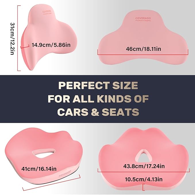 Coverado Car Seat Cushion and Lumbar Support Pillow, Memory Foam Ergonomic Back Support Driving Seat Cushion for Sciatica, Tailbone, Back Pain, Non-Slip Washable Cushion for Car, Driver, Office
