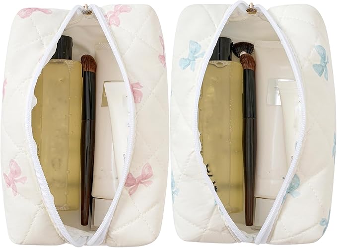 HHQQWZ Makeup Bag Travel Cosmetic Bag for Women Girls, Zipper Make Up Pouch, Floral Flowers Toiletry Organizer Makeup, Portable Storage Cosmetic Travel Cloth Bag (Pink Bow Tie+Blue Bow Tie)