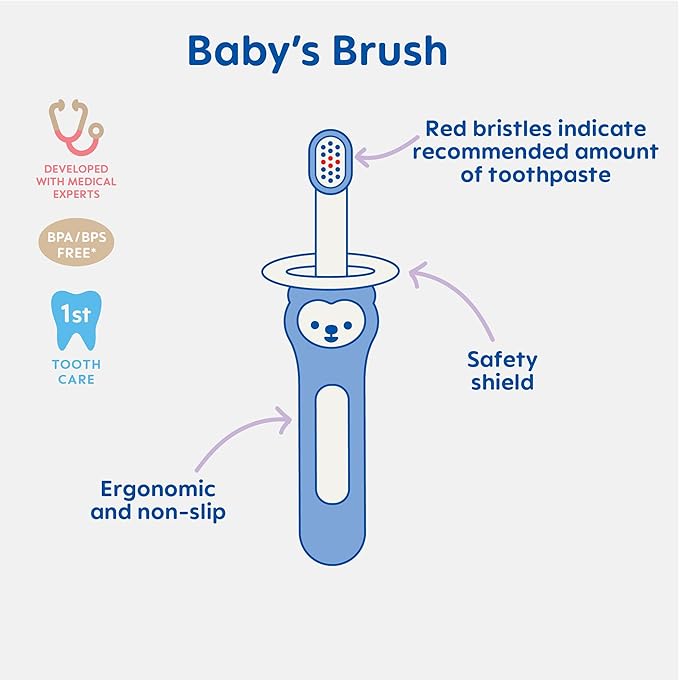 MAM Baby Toothbrushes (2 Baby's Brushes and 1 Safety Shield), Toothbrushes with Brushy The Bear Character, Interactive App, for Girls 6+ Months, Pink
