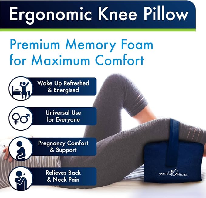 Sports Medica Doctor Developed Knee Pillow for Side Sleepers - Washable Cover Memory Foam Leg Pillow for Side Sleeping, Lower Back & Sciatica Pain Relief - Spine Alignment - Between Knee Hip Cushion