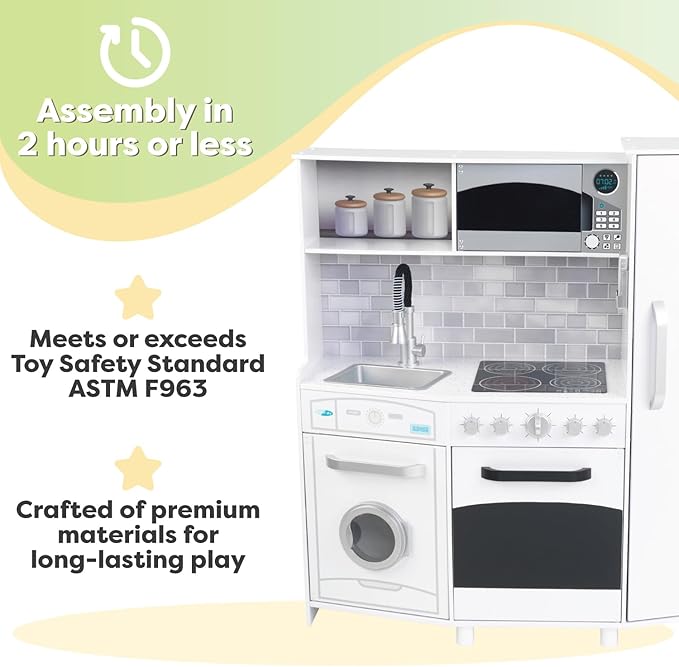 KidKraft Large Wooden Play Kitchen with Lights & Sounds, Icemaker, Play Phone, White, Gift for Ages 3+