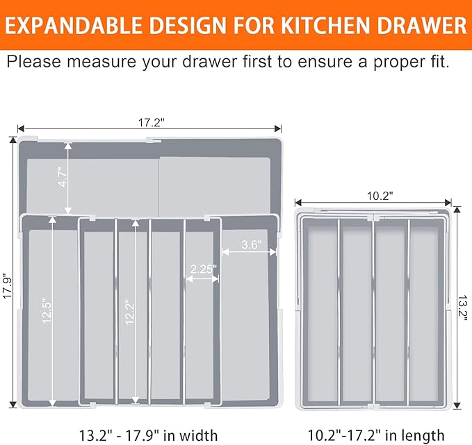 Spaclear Silverware Organizer for drawer - Adjustable Kitchen Drawer Organizer Utensil Drawer Organizer, Expandable Silverware Tray for Drawer Utensil Organizer for Forks, Knives, Grey