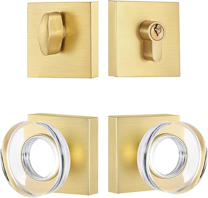 coolnews Single Cylinder Deadbolt and Crystal Glass Passage Door Knob Combo Set, Satin Brass Finish