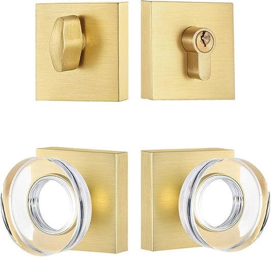 coolnews Single Cylinder Deadbolt and Crystal Glass Passage Door Knob Combo Set, Satin Brass Finish