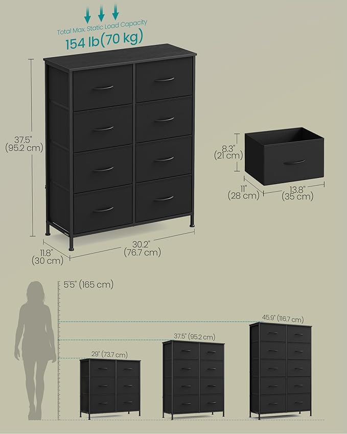 SONGMICS Dresser for Bedroom, Chest of Drawers, Steel, MDF, 8 Non-Woven Fabric Drawers, Storage Organizer Unit, Closet, Entryway, Ink Black and Ebony Black ULGS124B01S