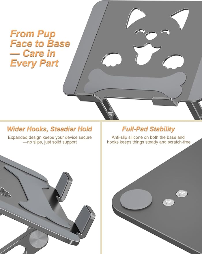 Aluminum Laptop Stand for Desk, Height-Adjustable Riser, Sturdy Ergonomic Holder with Puppy Shaped Vents for Heat Dissipation, Fits 10"-17.3" MacBook Air/Pro, Dell, HP, Lenovo, Gray