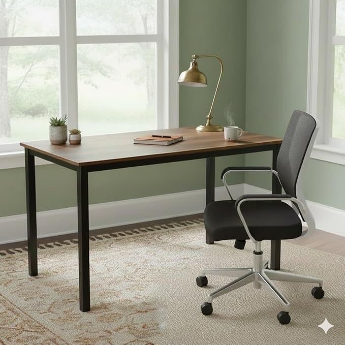 GL GLOBAL LIFE 55 inch Large Computer Desk Wood, Modern Simple Style Desk for Home Office, Bedroom, Study Student Writing Desk, Small Spaces, Black Metal Frame, Walnut Top