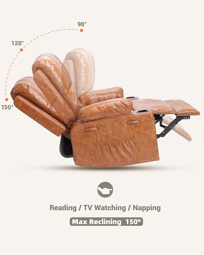 27'' Leather Recliner Chair Oversized, Overstuffed Manual Recliner Chair, Single Sofa for Adults, with Cup Holder and Side Pockets, for Living Rooms, Max Weight 400 lbs, Vintage Leather