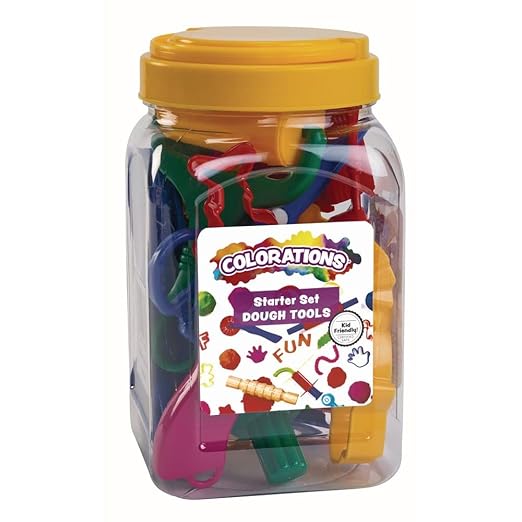 Colorations Plastic Clay & Dough Starter Playset in Storage Jar, 21 Pieces, Assorted, Class Pack, Party Pack includes Rollers, Spatulas, Cutters, Extruders, Arts & Crafts, for Kids