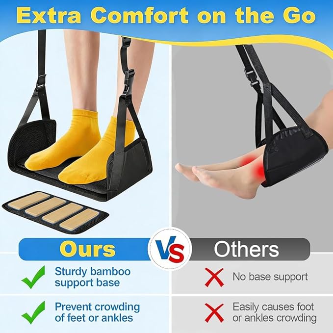 Bloepum Airplane Foot Hammock for Plane Travel, Detachable Bamboo Airplane Foot Rest for Long Flight, Desk Foot Hammock