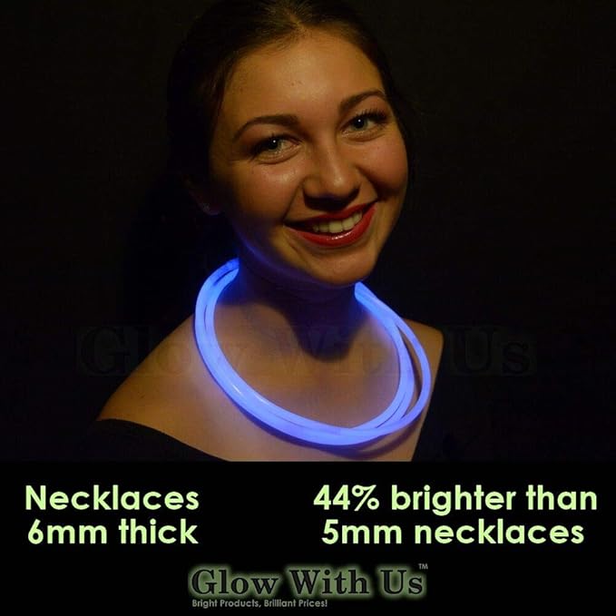 Glow Sticks Bulk Wholesale Necklaces, 1200 22” Blue Glow Stick Necklaces, Bright Color, Glow 8-12 Hrs, Connector Pre-Attached, Sturdy Packaging, GlowWithUs Brand