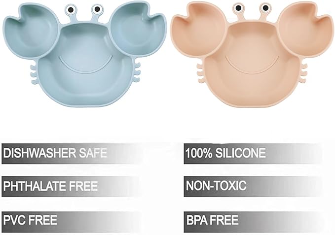 PandaEar 2 Pack Silicone Suction Plate for Baby, Divided Unbreakable Toddler Food Plate with 2 Pack Spoons for Self Feeding, Toddler Utensils Feeding Set Baby Eating Supplies, Crab Shape (Blue&Pink)
