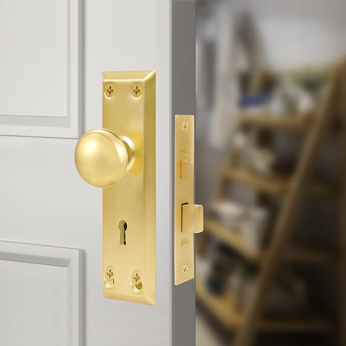 Vintage Door Knob with Lock for Interior Doors Polished Gold, Antique Brass 1 Pack Mortise Lock Set, Old Fashioned Bathroom & Bedroom with Skeleton Key for Old House Doors