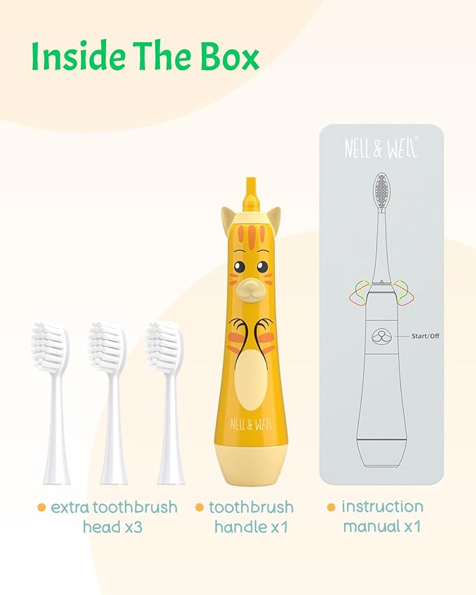 NELL&WELL Kids Electric Toothbrush, 2-Min Timer, 3 Modes with Memory, IPX 7 Waterproof, Battery Powered Kids Toothbrush with 3 Soft Bristles Heads for Children Boys and Girls Ages 3+