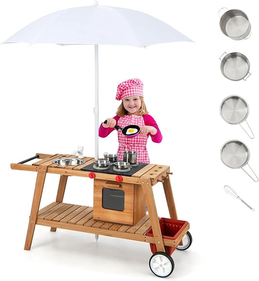 HONEY JOY Mud Kitchen with Umbrella, Wooden Rolling Mud Table Cart, Toddler Outdoor Kitchen Playset, Sink, Faucet, Planting Pots, Utensils, Storage Cabinet, Mud Kitchen for Kids Outdoor with Wheels