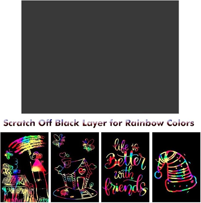 52 Pcs Rainbow Scratch Paper Art Set 8.3" x 11.02" Black Scratch Off Big Size Art Book Crafts Kit Ideal for Kids DIY Party Favors Game Activities Birthday and Christmas Gifts (SP862)