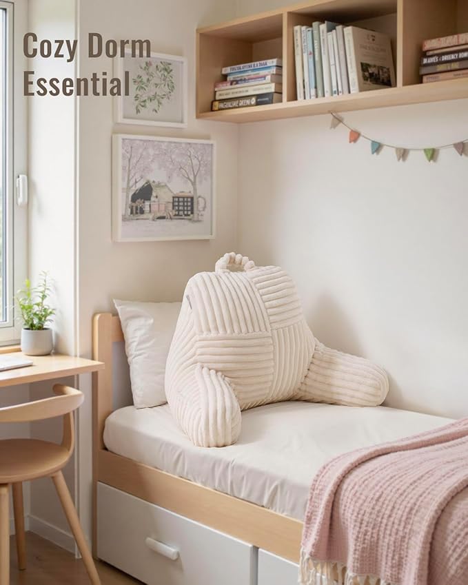 Blissful Diary Reading Pillow for Sitting in Bed, Flannel Back Pillow Bed Sitting Up for Adult & Children, Backrest Cushion for Sit Up in Couch or Floor, Dorm Essentials, Ivory White