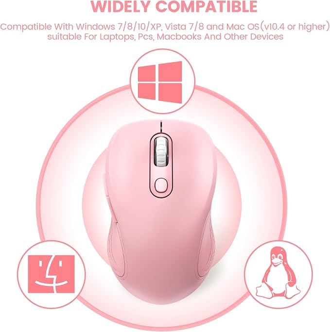 WisFox 2.4G Wireless Mouse for Laptop, Ergonomic Computer Mouse with USB Receiver and Type-C Adapter, 3 Adjustable Levels DPI, 6 Button Cordless Wireless Mice (Blush Pink)