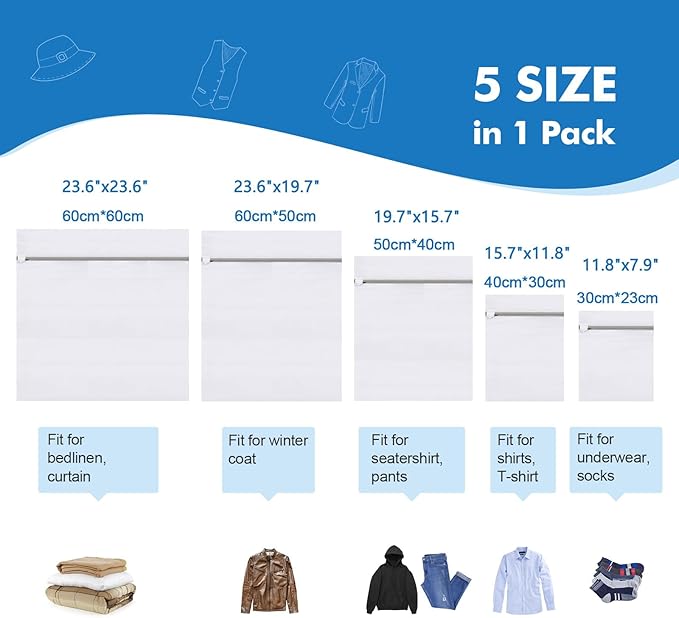 OKAKA 5Pcs Laundry Bags Mesh Wash Bags, Delicate Laundry Bags for Clothes, Hosiery, Underwear, Bed linen - 5 Size