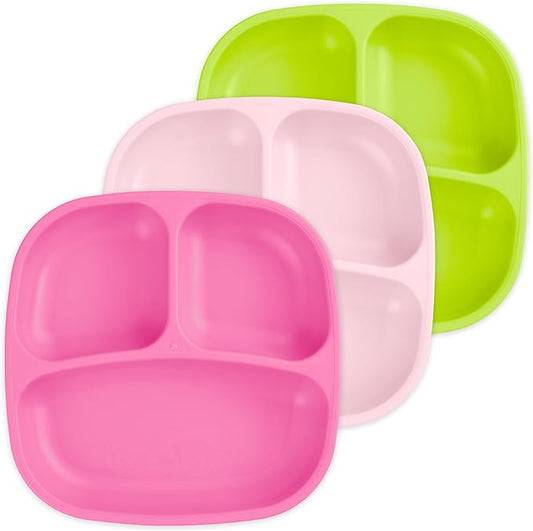 Re-Play Made in USA 7" Deep Walled Divided Plates for Kids, Set of 3 - Reusable 3 Compartment Plates, Dishwasher and Microwave Safe - 7.37" x 7.37" x 1.25", Tulip