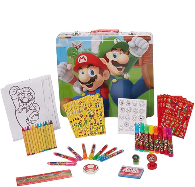 Innovative Designs Mario Brothers Super Mario Deluxe Activity Set with Carrying Tin, Coloring Sheets, Tattoos, Stickers, & Art Supplies