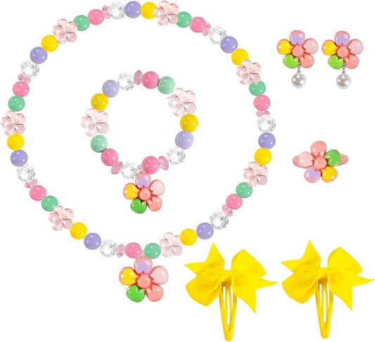 Handmade Unique Flower Pendant Kids Jewelry Set for Little Girls Toddler - Stretch Necklace Bracelets Rings Clip On Earrings - Bow Hair Clips - Birthday Party Costume Dress Up w/Gift Box Bags